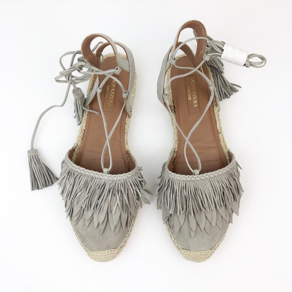 AQUAZZURA grey suede fringe espadrille flat